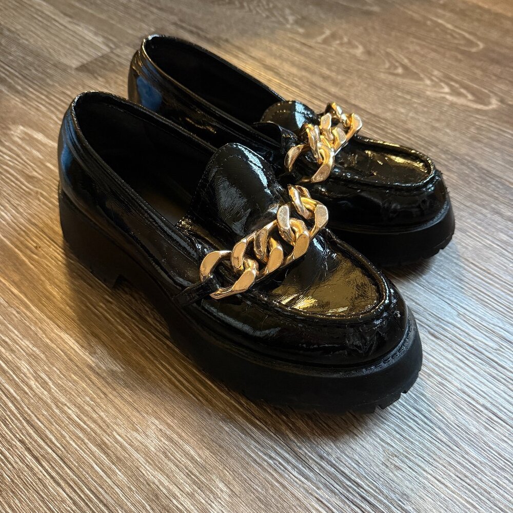 ASOS Design Black Patent Chunky Chain Platform Loafers - Size 7